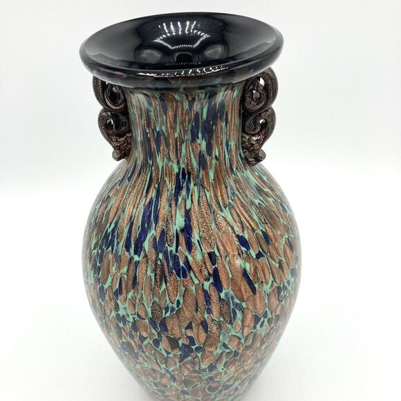 Vintage Murano Art Glass Vase Aventurine Teal Gold Fleck Mid Century Art Nouveau - Picture 3 of 8